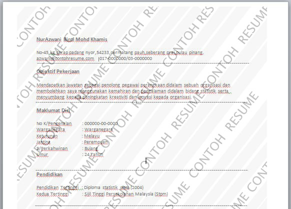 Contoh Resume Penolong Pegawai Perangkaan